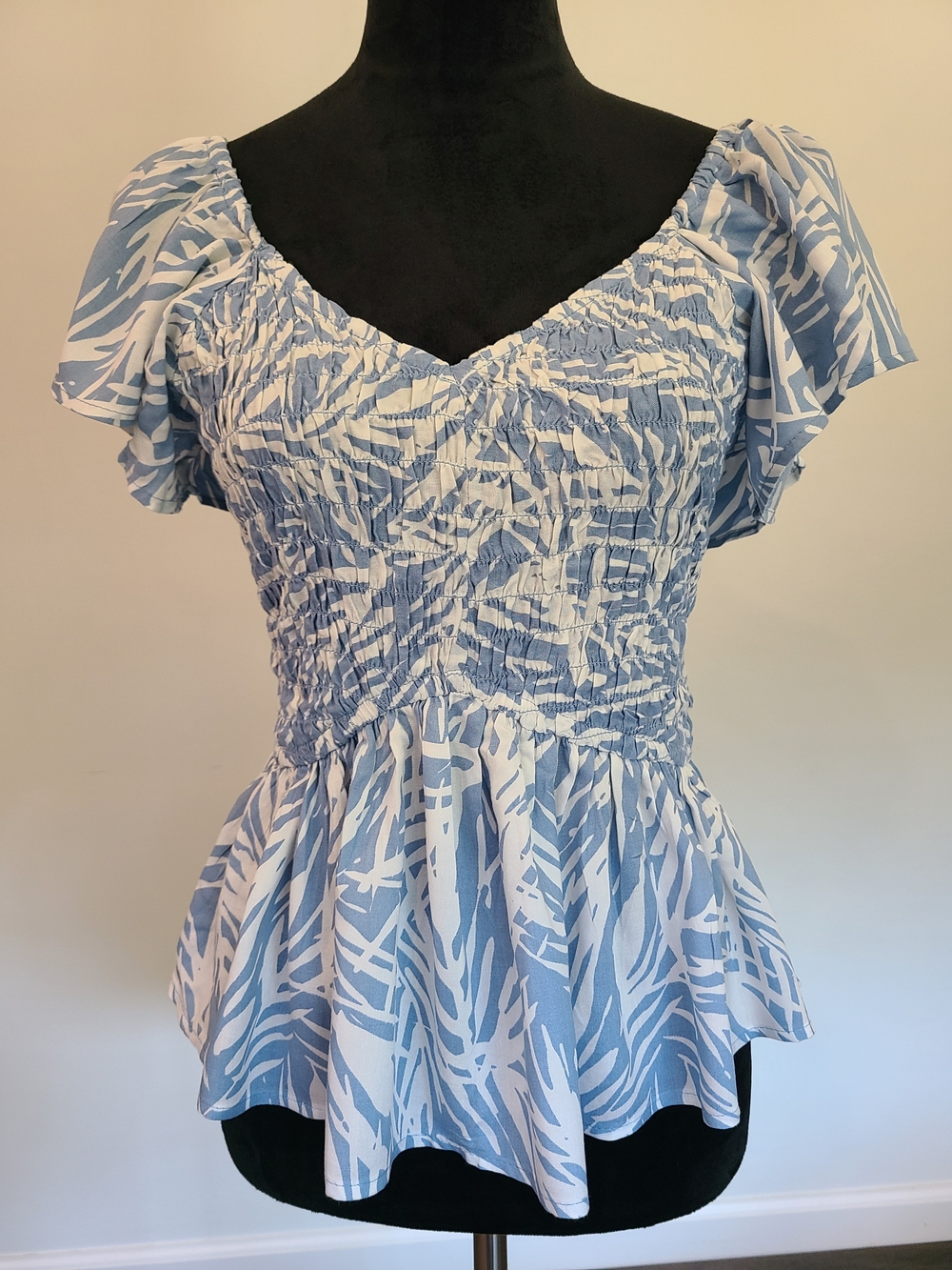 Smocked Blue & White Peplum Flutter Sleeve Top